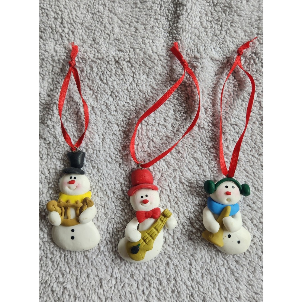 Vintage 1990's Snowman Musical Band Christmas Ornaments Set of 3‎ Clay Figures